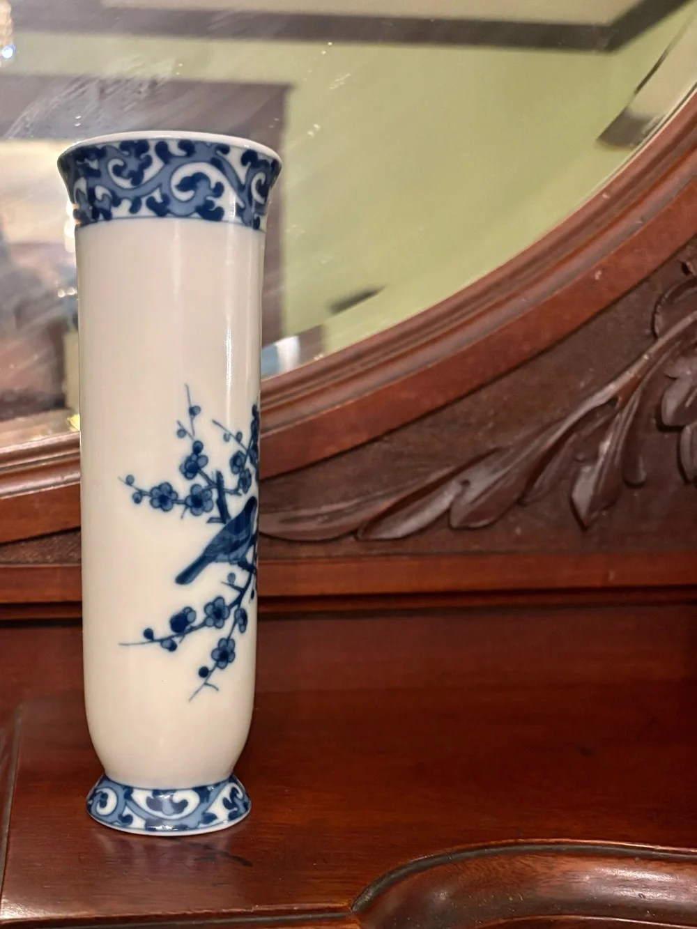 Vintage Andrea By Sadek Blue and White Porcelain Bud Vase with Bird Motif